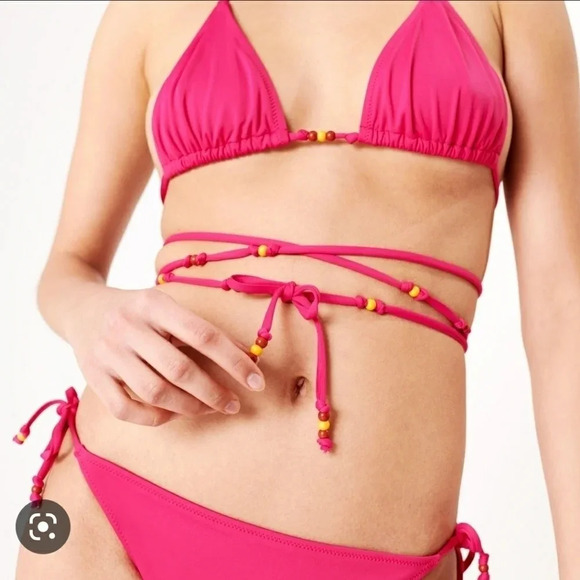 2/$25-Bikini NWOT 90S Inspired Barbiecore Beaded Bubblegum Pink Triangle Tie Up - Picture 11 of 11